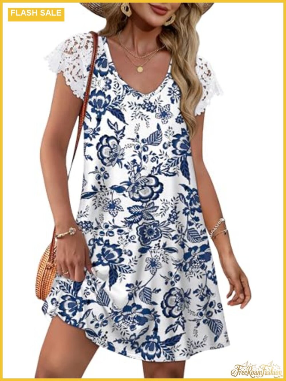 Lace Short Sleeve V-Neck Swing Dress Casual Summer